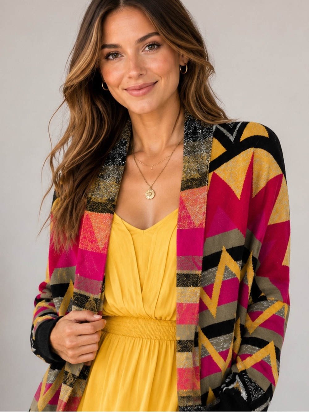 Boho Southwestern Geometric Cardigan XS Cozy Festival Aztec Knit Wrap Artsy Chic